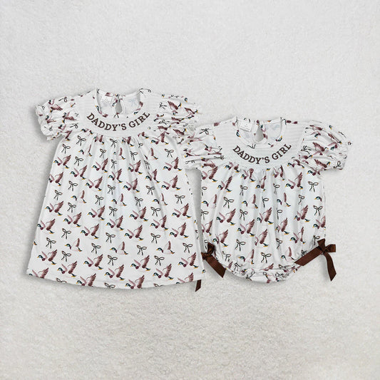 12.16 RTS Sibling Smocked Daddy's Girl Baby Girls Bows Ducks Hunting Knee Length Dress Rompers