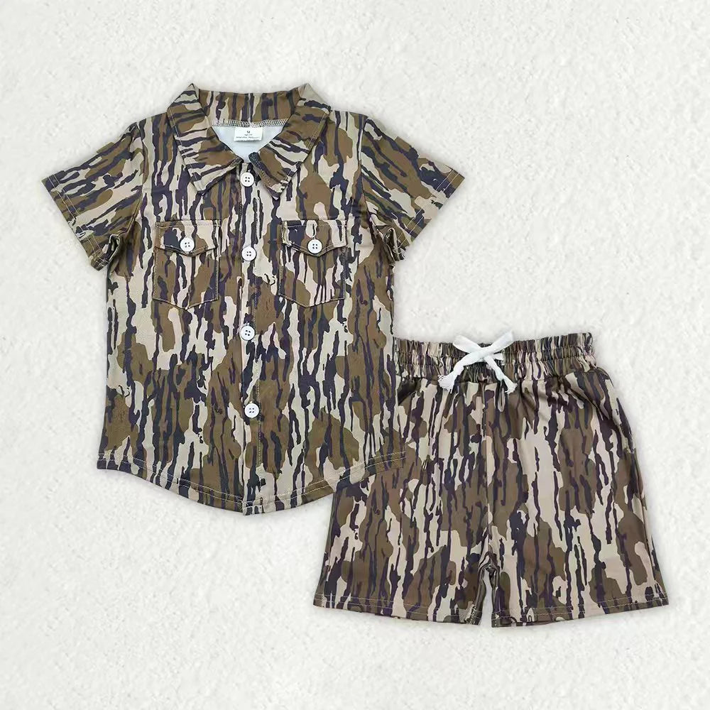 12.8 RTS Sibling Baby Boys Southern Camo Button Pockets Shirts Top Short Clothes Set