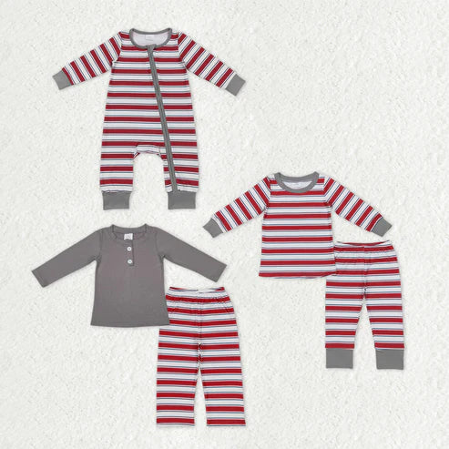 9.16 RTS Sibling Baby Boys Girls Red Stripe Top Pants Christmas Pajamas Clothes Sets Zipper Footie Rompers