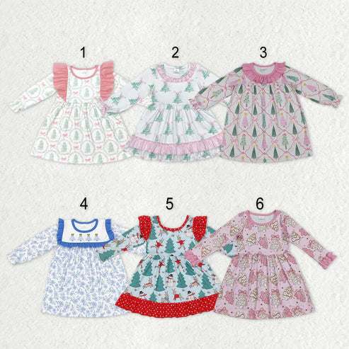 10.30 RST Sibling Baby Girls Bows Trees Plaid Christmas Ruffle Knee Length Dresses