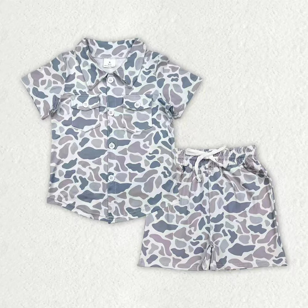 12.8 RTS Sibling Baby Boys Southern Camo Button Pockets Shirts Top Short Clothes Set