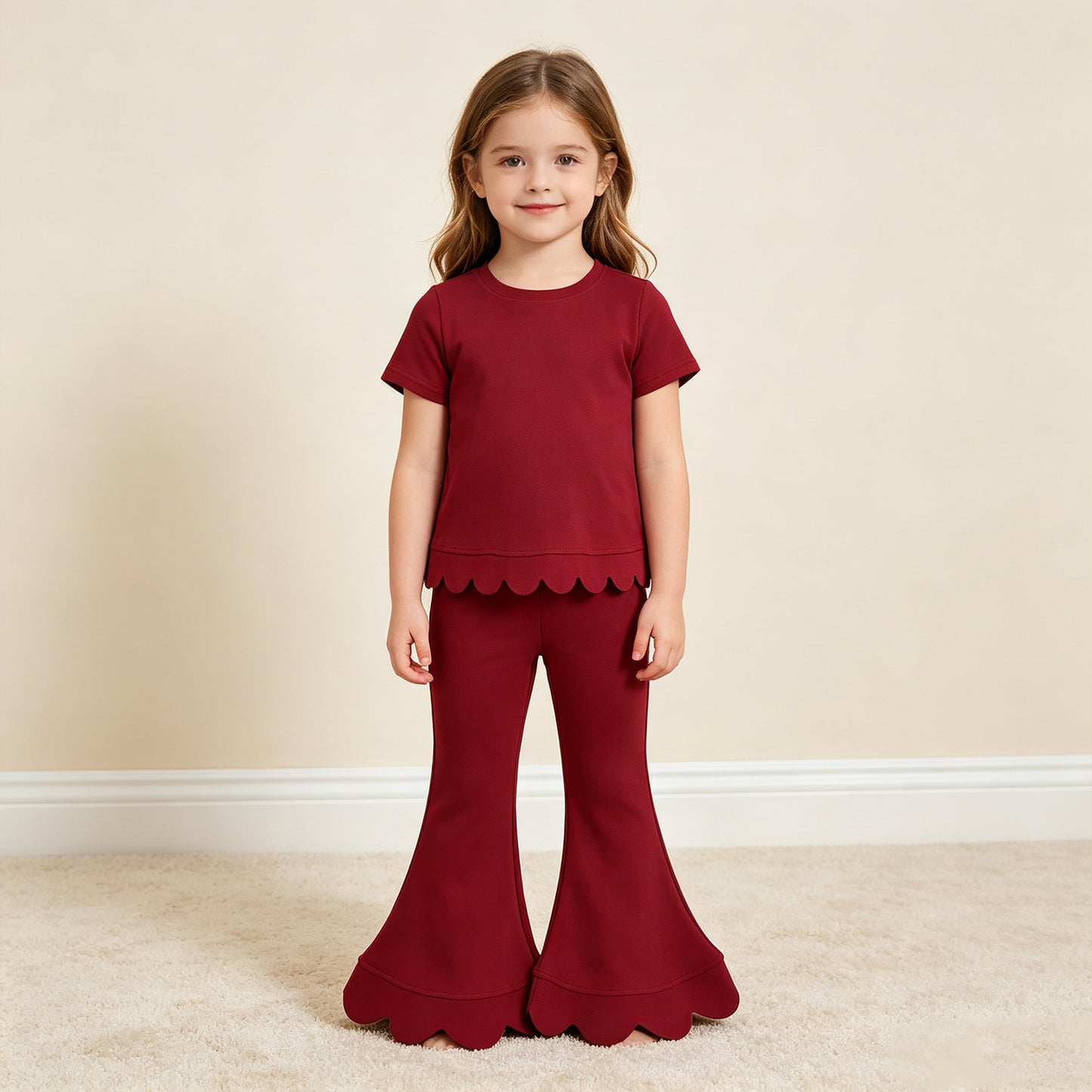 RTS NO MOQ （In stock）Cotton GSPO2344（GT1774+P1082）Baby Girls Maroon Short Sleeve Shirts Top Flare Pant Scallop Sets