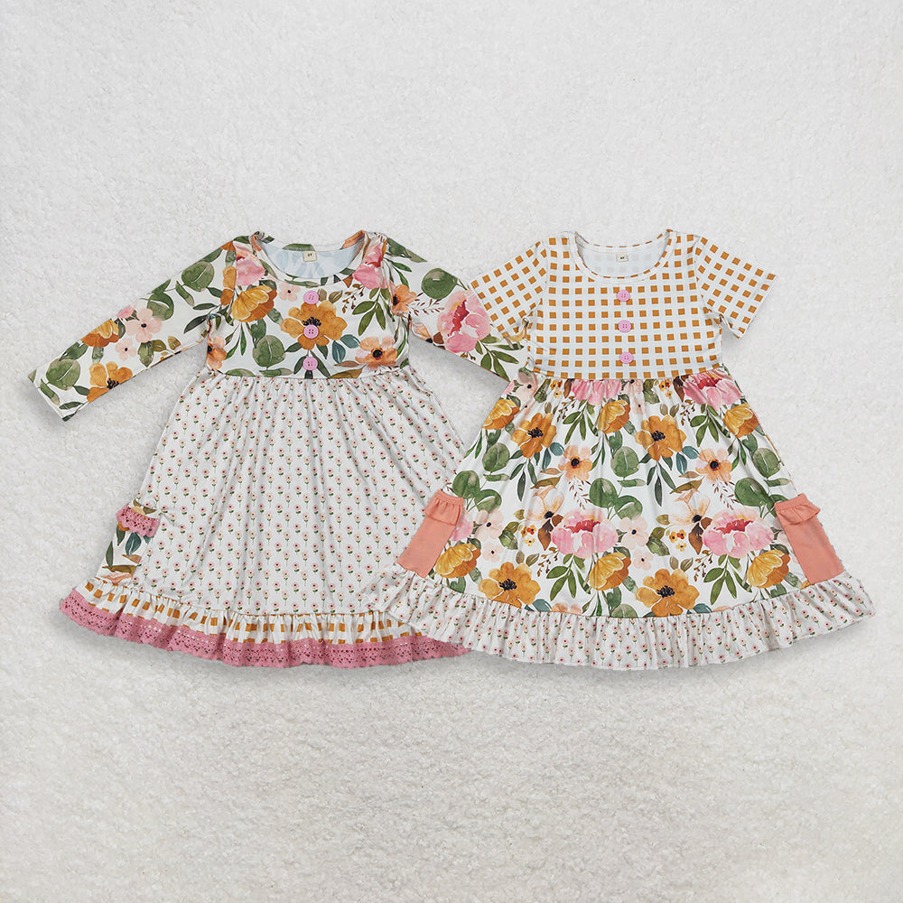 4.11  RTS NO MOQ （In stock ）Plaid short and long sleeves pocket ruffle kids girls summer dress
