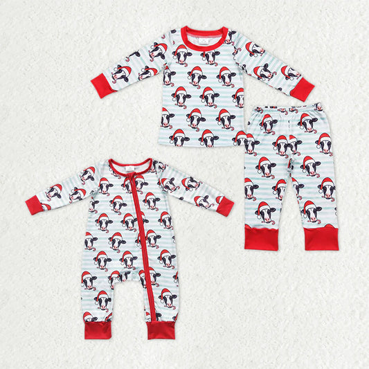 9.18 RTS Sibling Baby Boys Light Blue Stripe Hats Cows Top Pants Christmas Pajamas Sets Zipper Rompers