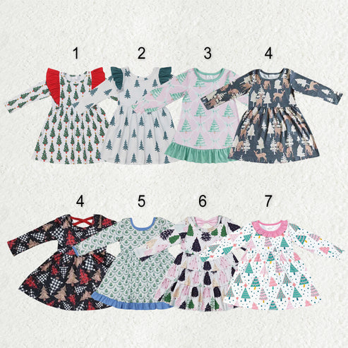 10.30 RST Sibling Baby Girls Bows Trees Plaid Christmas Ruffle Knee Length Dresses