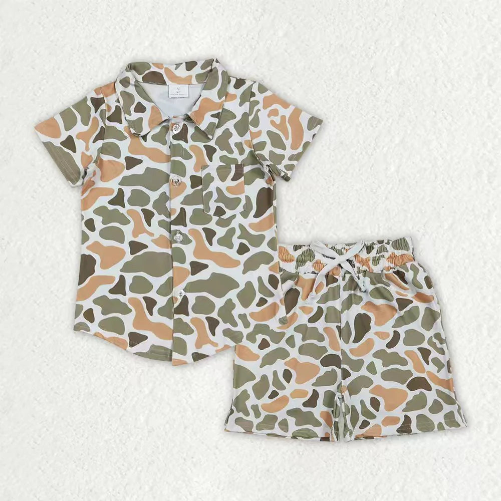 12.8 RTS Sibling Baby Boys Southern Camo Button Pockets Shirts Top Short Clothes Set
