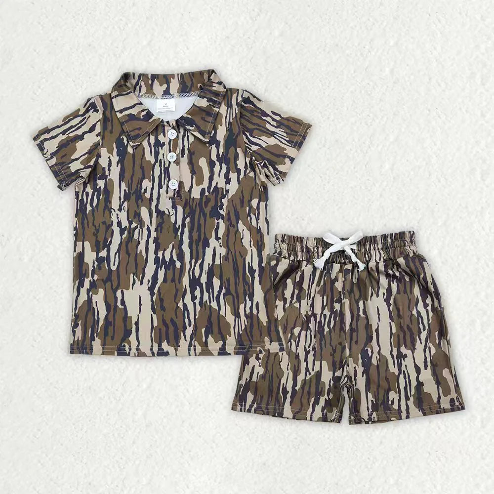 12.8 RTS Sibling Baby Boys Southern Camo Button Polo Shirts Pockets Short Clothes Set