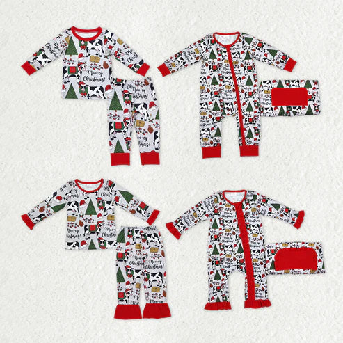 9.16 RTS Sibling Baby Kids Sibling Baby Kids Hats Cows Trees Farm Merry Christmas Pajamas Sets Zipper Footie Rompers