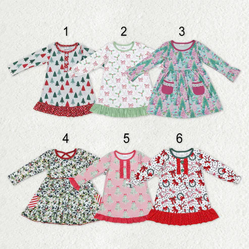 10.30 RST Sibling Baby Girls Bows Holly Trees Plaid Christmas Ruffle Knee Length Dresses