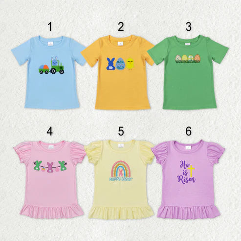 9.25 RTS Sibling Baby Boys Girls Embroidery Eggs Rabbits Cross Easter Tee Shirts Top