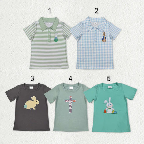 9.25 RTS Sibling Baby Boys Embroidery Eggs Rabbits Cross Easter Polo Shirts Tops