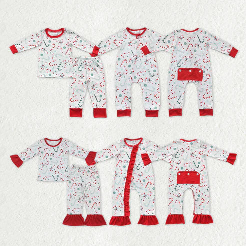 9.16 RTS Sibling Baby Kids Candy Cane Snowflake Top Pants Christmas Pajamas Sets Zipper Footie Rompers