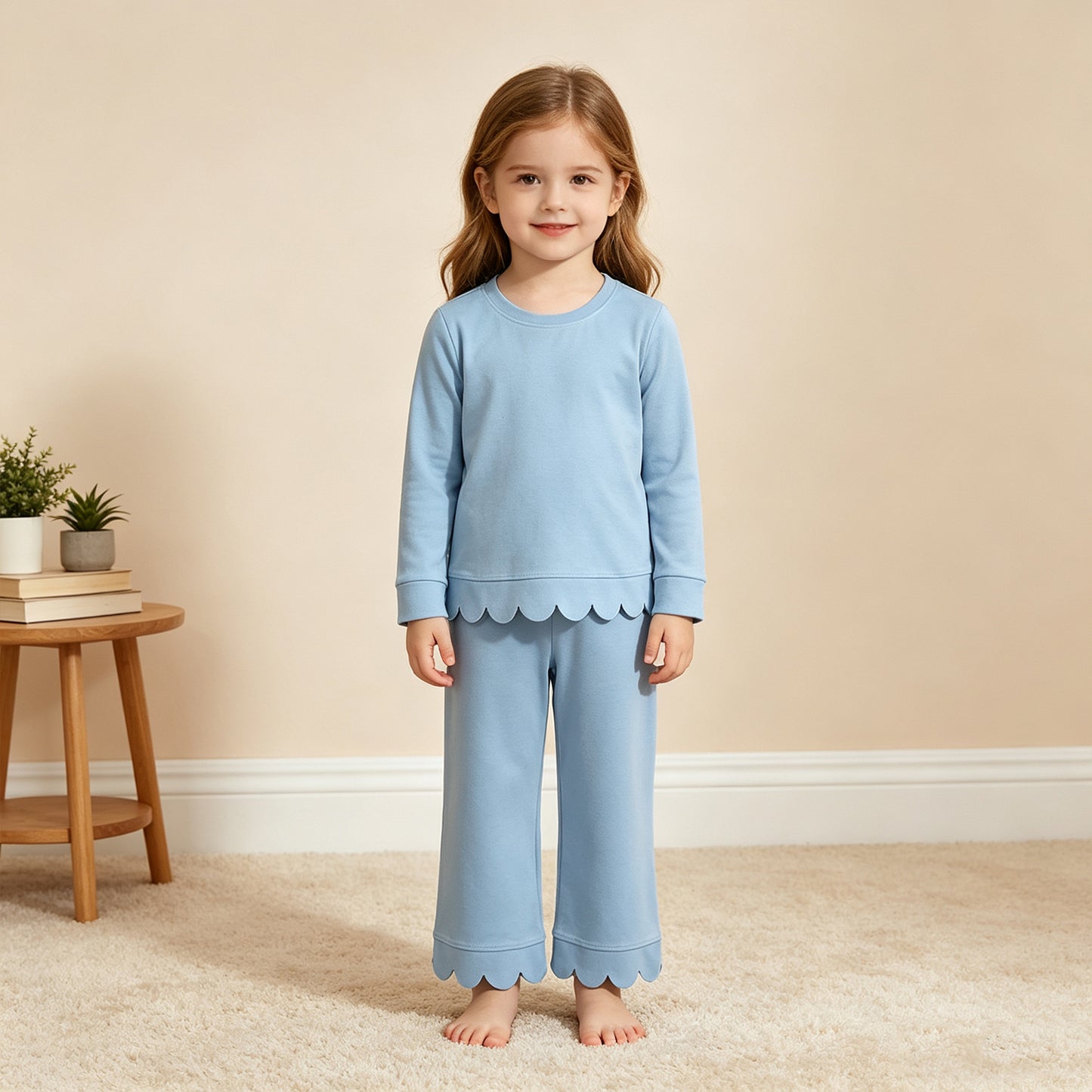 GLP3292 RTS NO MOQ （In stock）Cotton Baby Girls Solid Light Blue Long Sleeve Top Scallop Trim Pants Pajamas Set