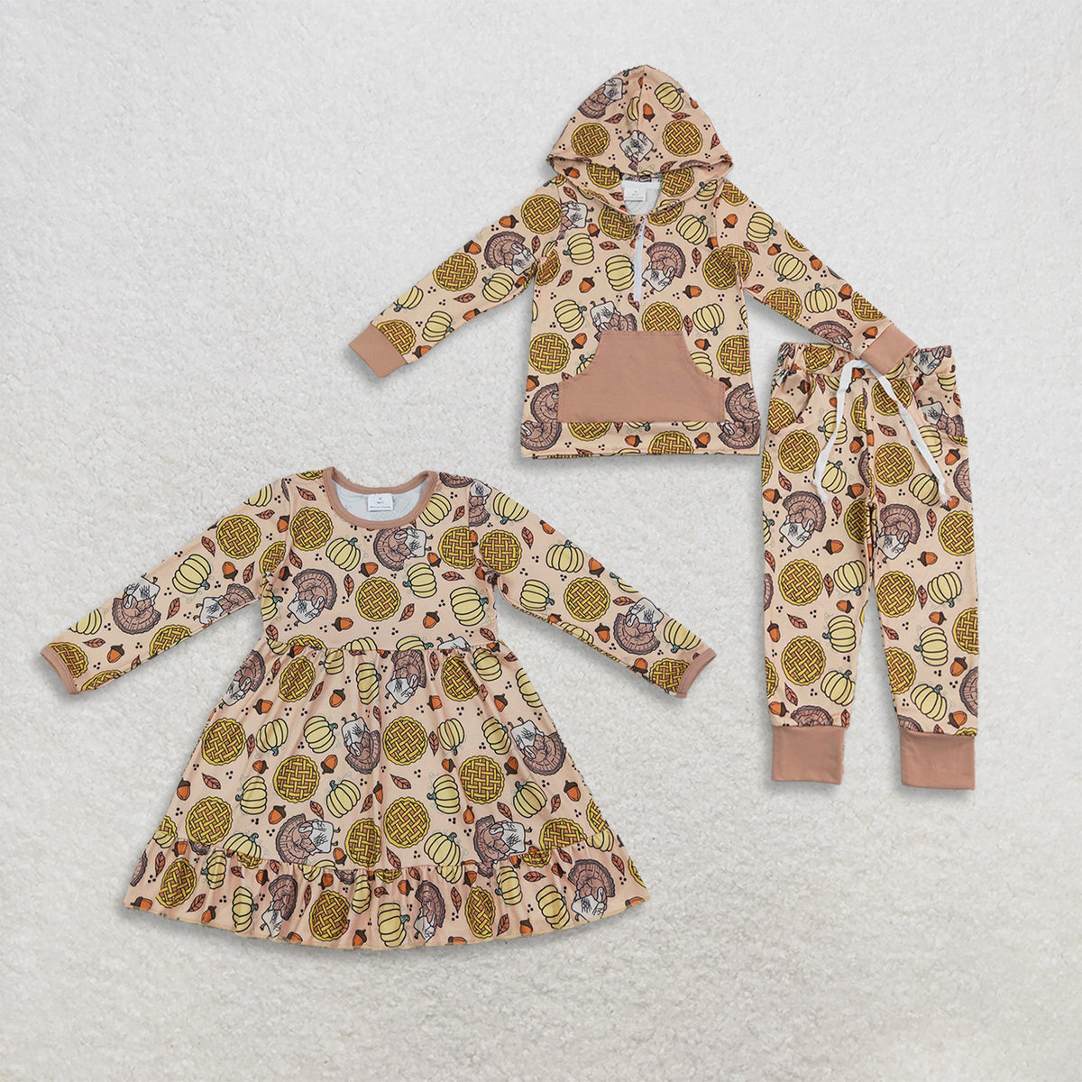 RTS NO MOQ Sibling milk silk Baby Kids Fall Pumpkin Hedgehog Print Matching Set Hoodie Jogger And Girls Long Sleeve Twirl Dress