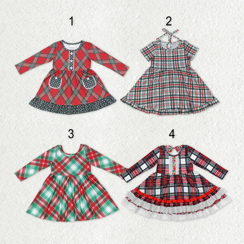 10.13 RTS Sibling Baby Girls Green Red Checked Christmas Knee Length Dresses