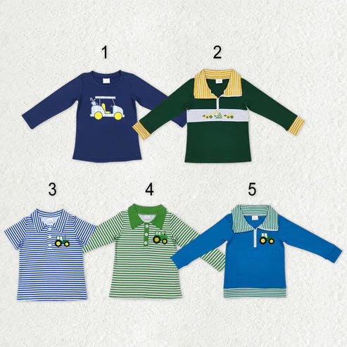 9.25 RTS Sibling Baby Boys Embroidery Trucks Golf Bus Excavators Button Zipper Shirts Tops