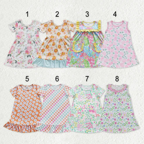 10.31 RST Sibling Baby Girls Flowers Checked Ruffle Knee Length Dresses