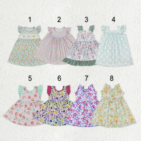 10.31 RST Sibling Baby Girls Flowers Plaid Flutter Sleeve Ruffle Knee Length Dresses
