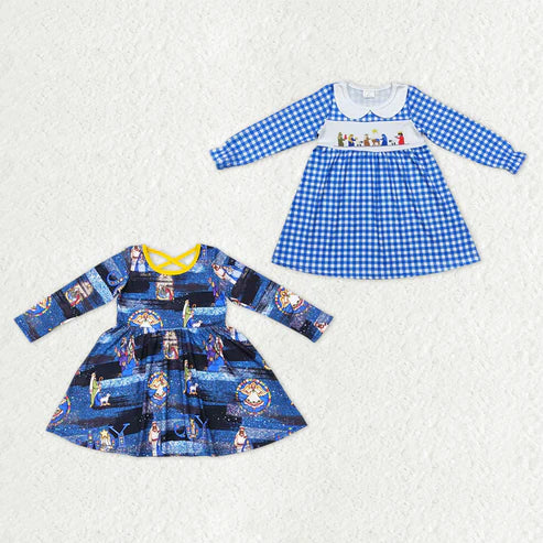 10.30 RST Sibling Baby Girls Blue Nativity Christmas Ruffle Knee Length Dresses