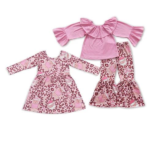 9.19 RTS Sibling Baby Girls Leopard Santa Shirts Bell Bottom Pants Christmas Clothes Sets Knee Length Dresses