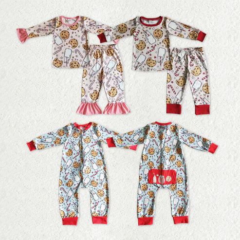 9.16 RTS Sibling Baby Kids Cookie Milk Candy Cane Top Pants Christmas Pajamas Sets Zipper Footie Rompers