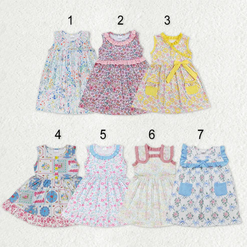 10.30 RST Sibling Baby Girls Sleeveless Flowers Pockets Ruffle Knee Length Dresses