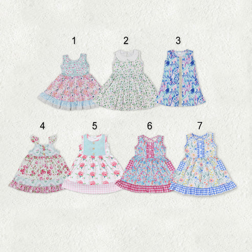 11.4 RST Sibling Baby Girls Flowers Plaid Button Pockets Ruffle Knee Length Dresses
