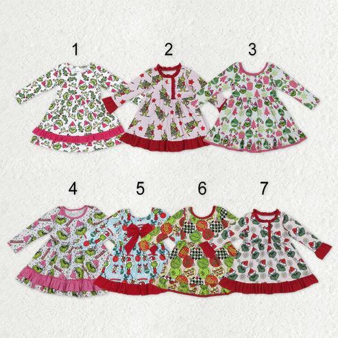 10.13 RTS Sibling Baby Girls Grin Trees Lights Christmas Ruffle Knee Length Dresses