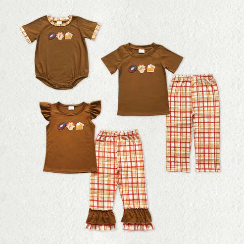 9.19 RTS Sibling Baby Boys Girls Embroidery Turkey Footballs Pie Thanksgiving Clothes Sets Rompers