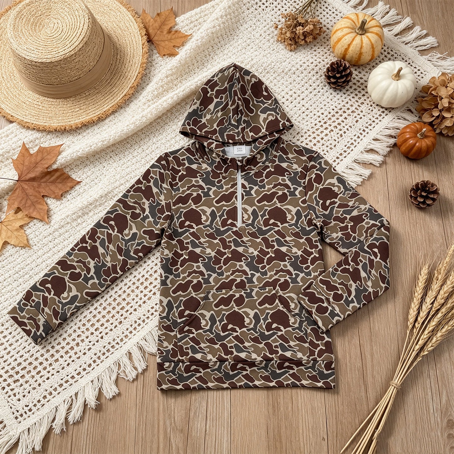 RTS NO MOQ （In stock）milk silk BT1872 Adult Men Brown Camouflage Print Zip Hoodie Front Pocket Long Sleeve Top
