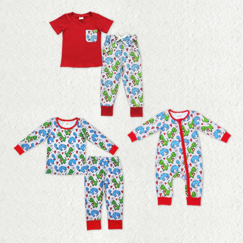 9.16 RTS Sibling Baby Boys Hearts Dinosaurs Top Pants Valentine Pajamas Clothes Sets Zipper Footie Rompers