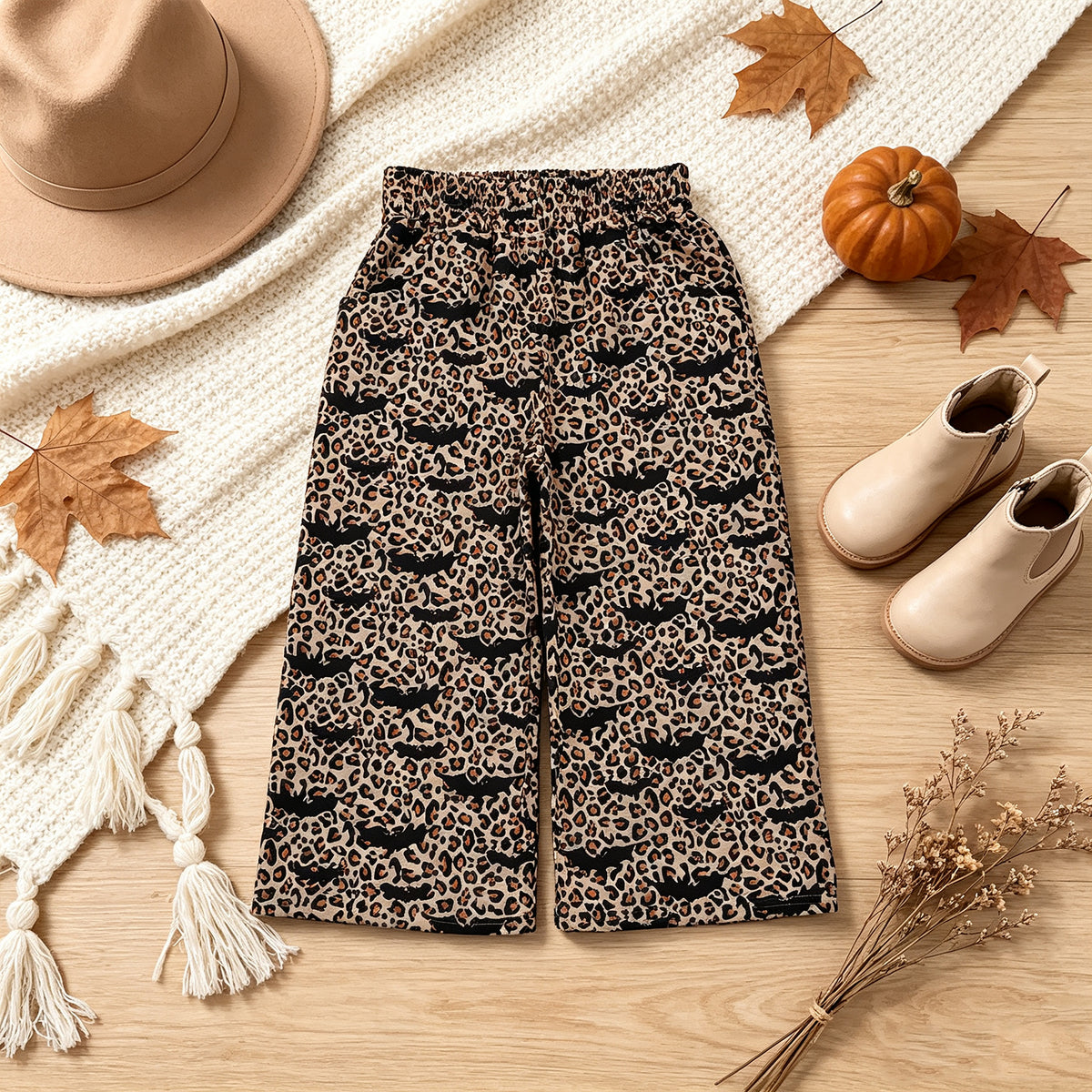 RTS NO MOQ （In stock）P1133 Baby Girls Bats Leopard Halloween Pockets Flare Pants Bottom