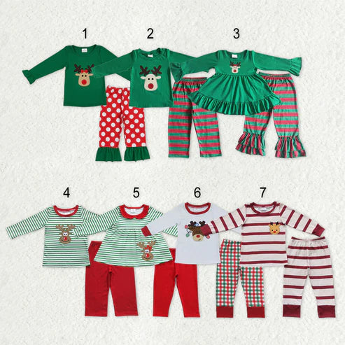 9.19 RTS Sibling Baby Boys Girls Embroidery Deer Top Pants Christmas Clothes Sets