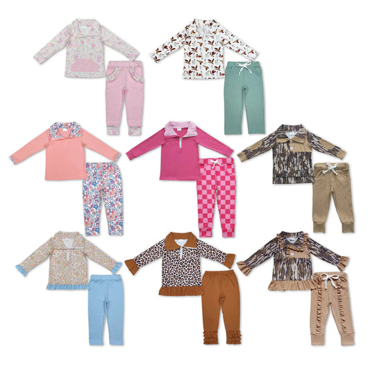 10.2 RTS Sibling Baby Kids Fall Flowers Leopard Pullovers Pockets Legging Pants Clothing Sets