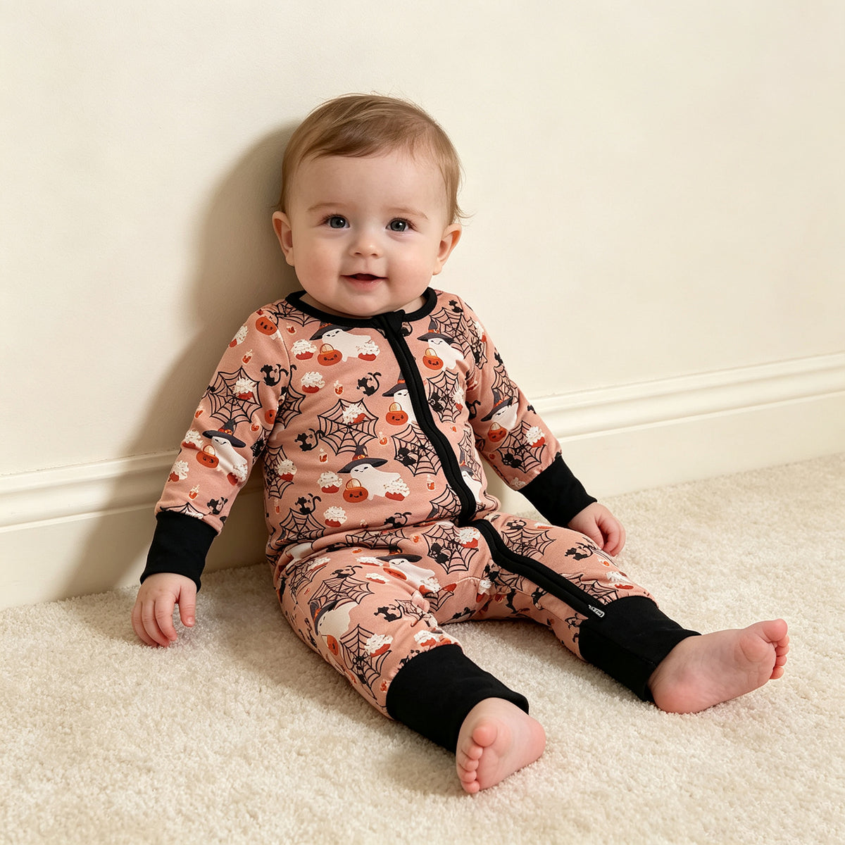RTS NO MOQ （In stock）LR3250 Baby Boys Ghost Pumpkins Halloween Two Way Zip Convertible Rompers