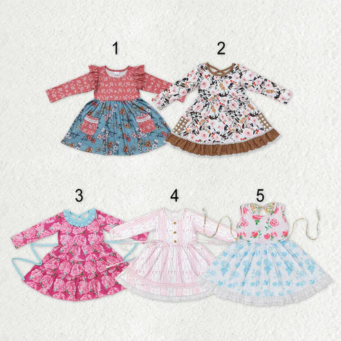 11.1 RST Sibling Baby Girls Bows Flowers Pockets Ruffle Knee Length Dresses With Belt