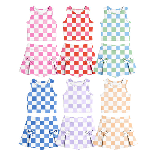 CUSTOM MOQ 5 Sibling Baby Girls Summer Plaid Top Skirt Yoga Activewear Clothes Sets