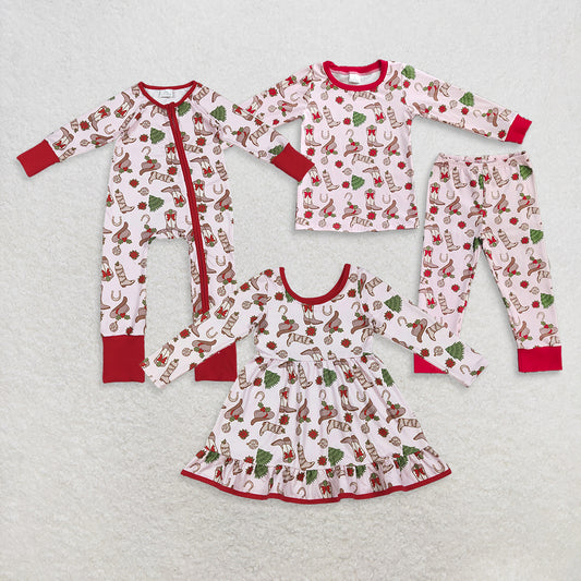 RTS Sibling Baby Girls Winter Outfits Girls Christmas Tree Bow Pajamas Rompers Dress Long Sleeves Boot Footwear Included Soft Material Comfortable Sleepwear