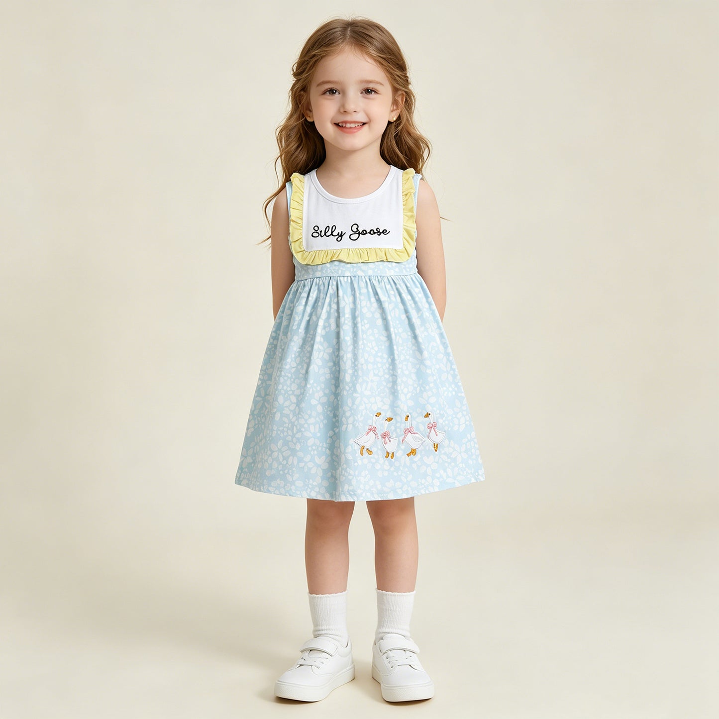 GSD2970 RTS NO MOQ （In stock）Sleeveless silly goose bow embroidery girls dresses