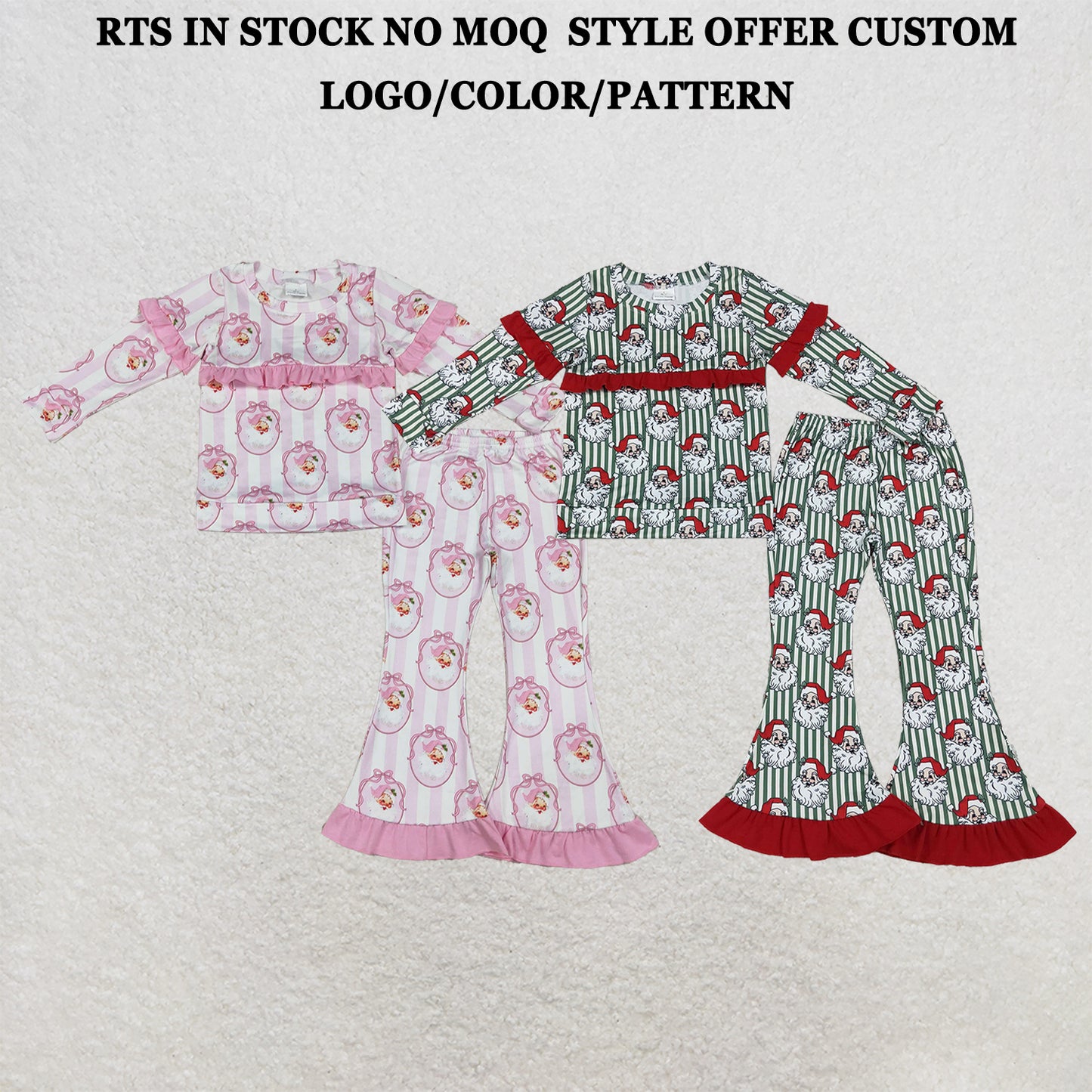RTS NO MOQ Sibling milk silk Baby Girls Santa Stripe Top Bell Bottom Pant Christmas Clothes Sets Fall Winter Outfit