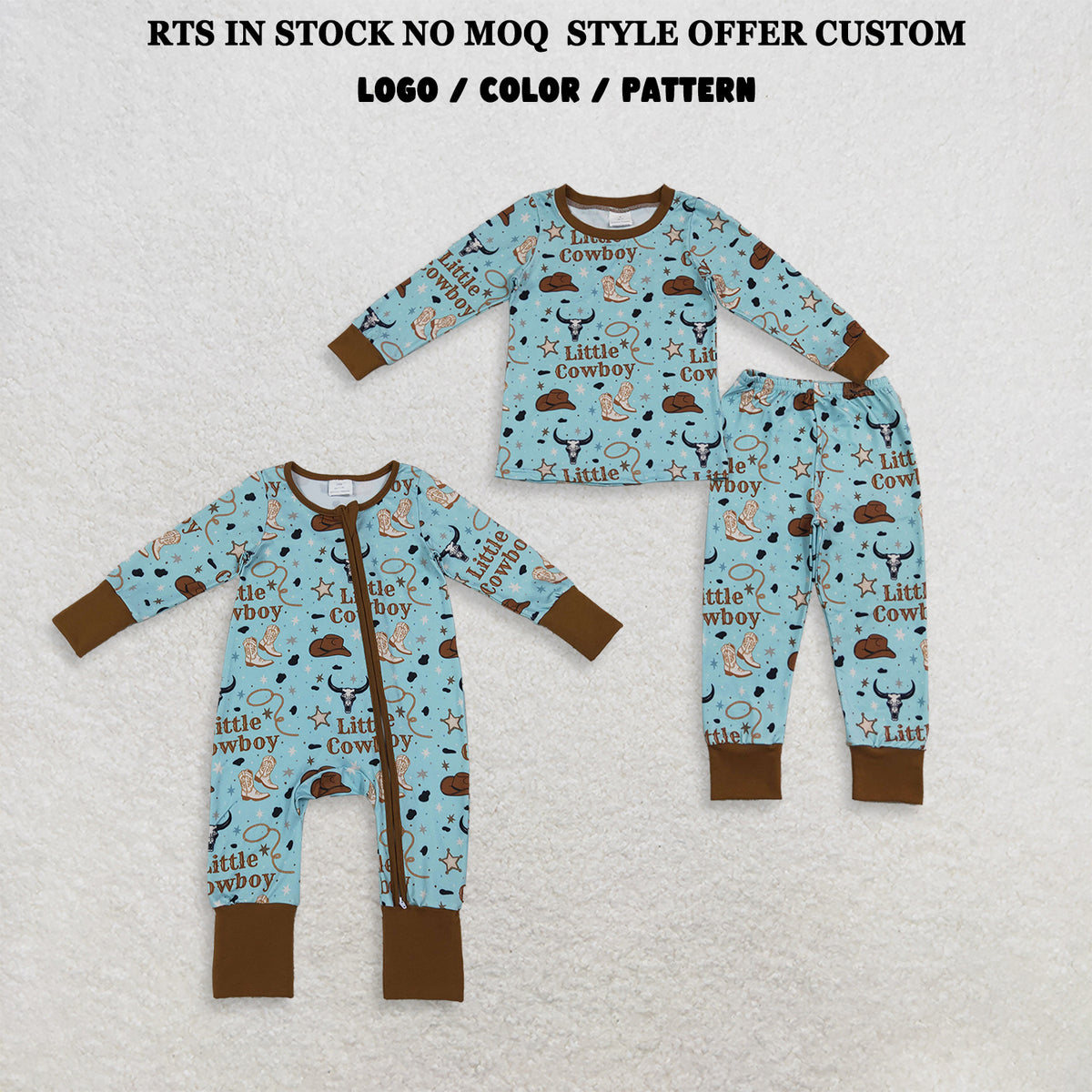 RTS NO MOQ Sibling milk silk RTS NO MOQ Sibling milk silk Baby Boys Cowboy Print Zipper Romper And Long Sleeve Top Pants Pajamas Set