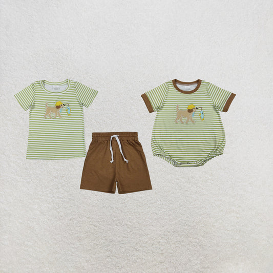 RTS Sibling Stripe dog fishing embroidery top shorts kids boys outfits and romper