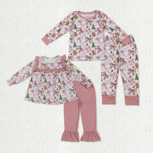 9.23 RTS Sibling Baby Girls Pink Bows Gingerbread Trees Top Pants Christmas Pajamas Clothes Sets