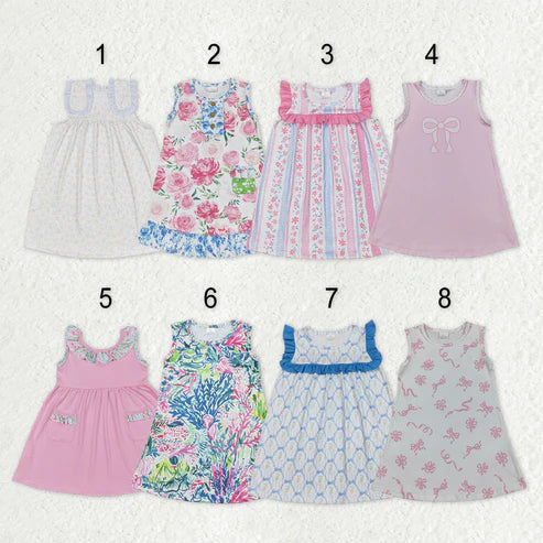 10.31 RST Sibling Baby Girls Sleeveless Bows Flowers Stripes Ruffle Knee Length Dresses