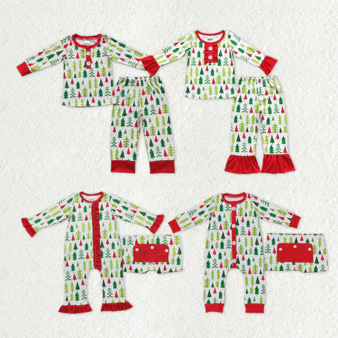 9.16 RTS Sibling Baby Kids Green Red Trees Button Top Pants Christmas Pajamas Sets Zipper Footie Rompers