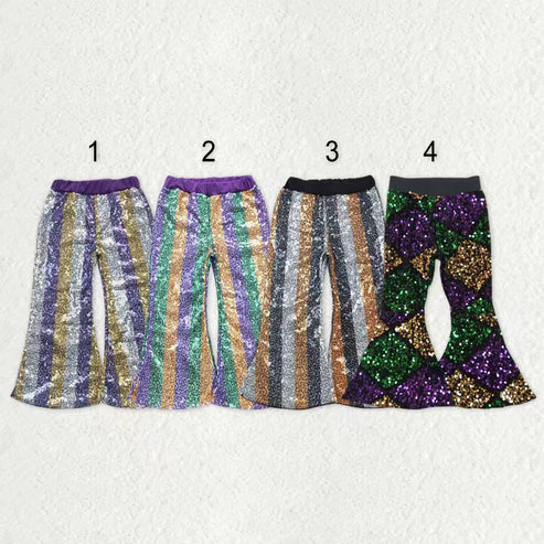 11.6 RTS Sibling Baby Girls Mardigras Stripes Checked Flare Bell Bottom Pants