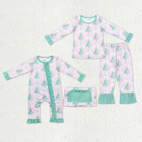 9.18 RTS Sibling Baby Girls Bows Trees Checked Top Ruffle Pants Christmas Pajamas Sets Zipper Rompers