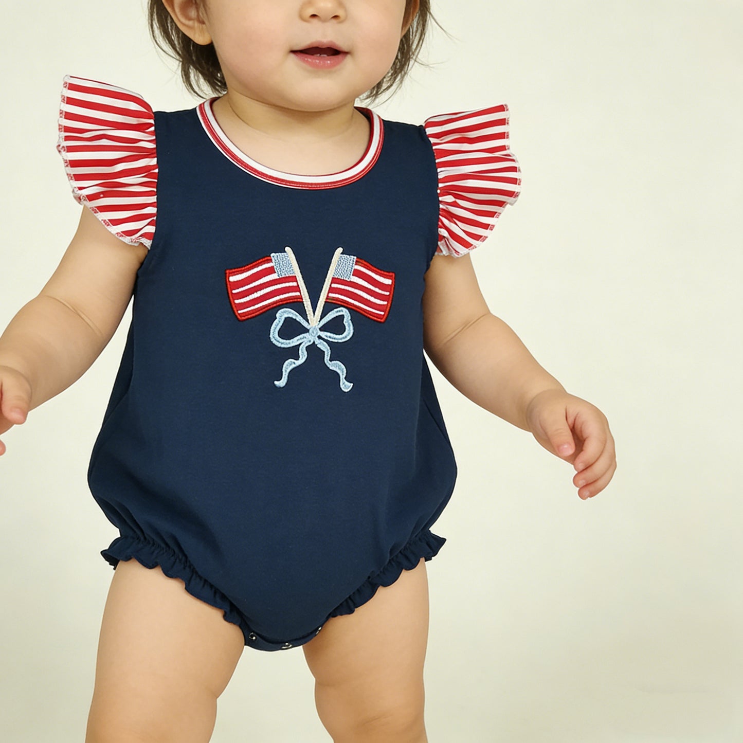 4.2 SR3903 RTS NO MOQ （In stock) Flutter sleeves flag bow embroidery baby 4th of july romper