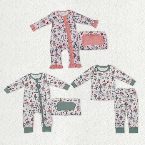 9.16 RTS Sibling Baby Kids Cactus Hats Santa Candy Cane Pajamas Sets Zipper Footie Rompers