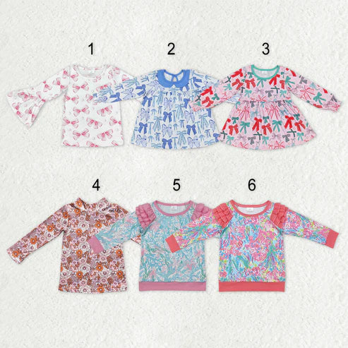 9.25 RTS Sibling Baby Girls Colorful Bows Floral Tee Shirts Top